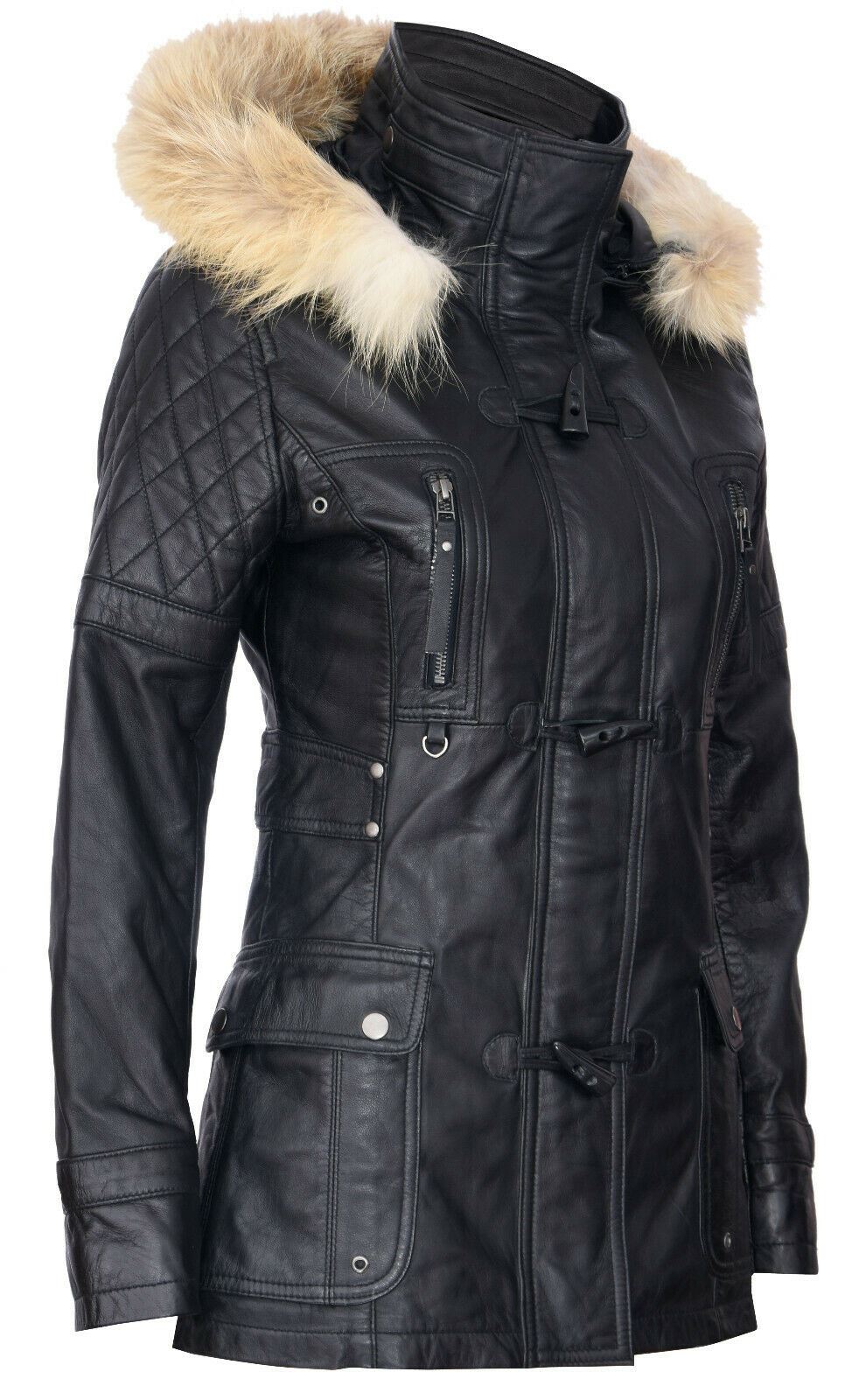 Womens Quilted Leather Hooded Parka Jacket-Northampton