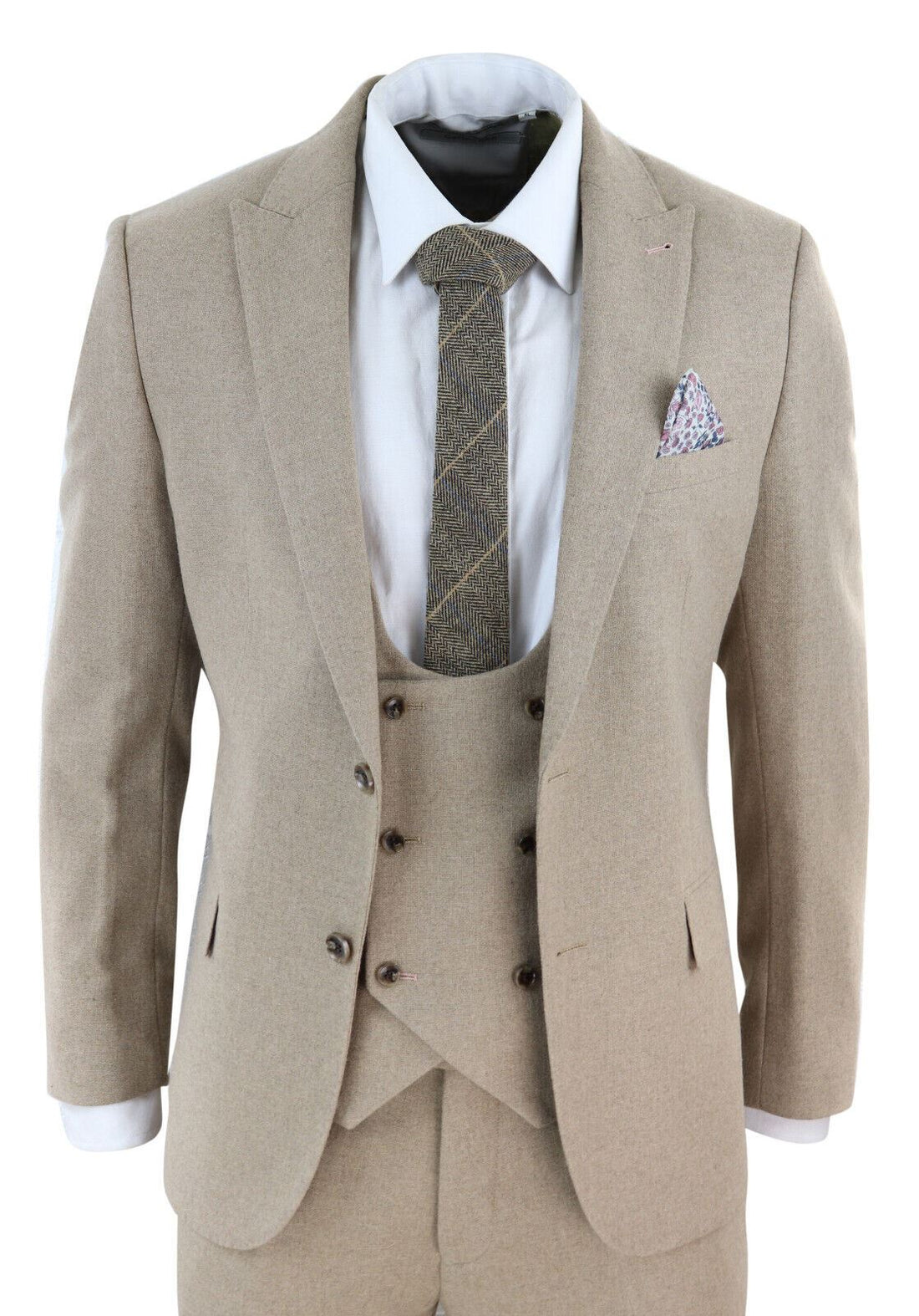 Mens Tweed 3 Piece Beige Formal Wedding Suit
