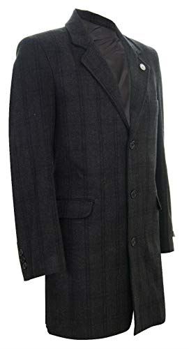 Mens 3/4 Long Wool Black Check Crombie Overcoat Jacket Blinders Trench Slim Fit Coat