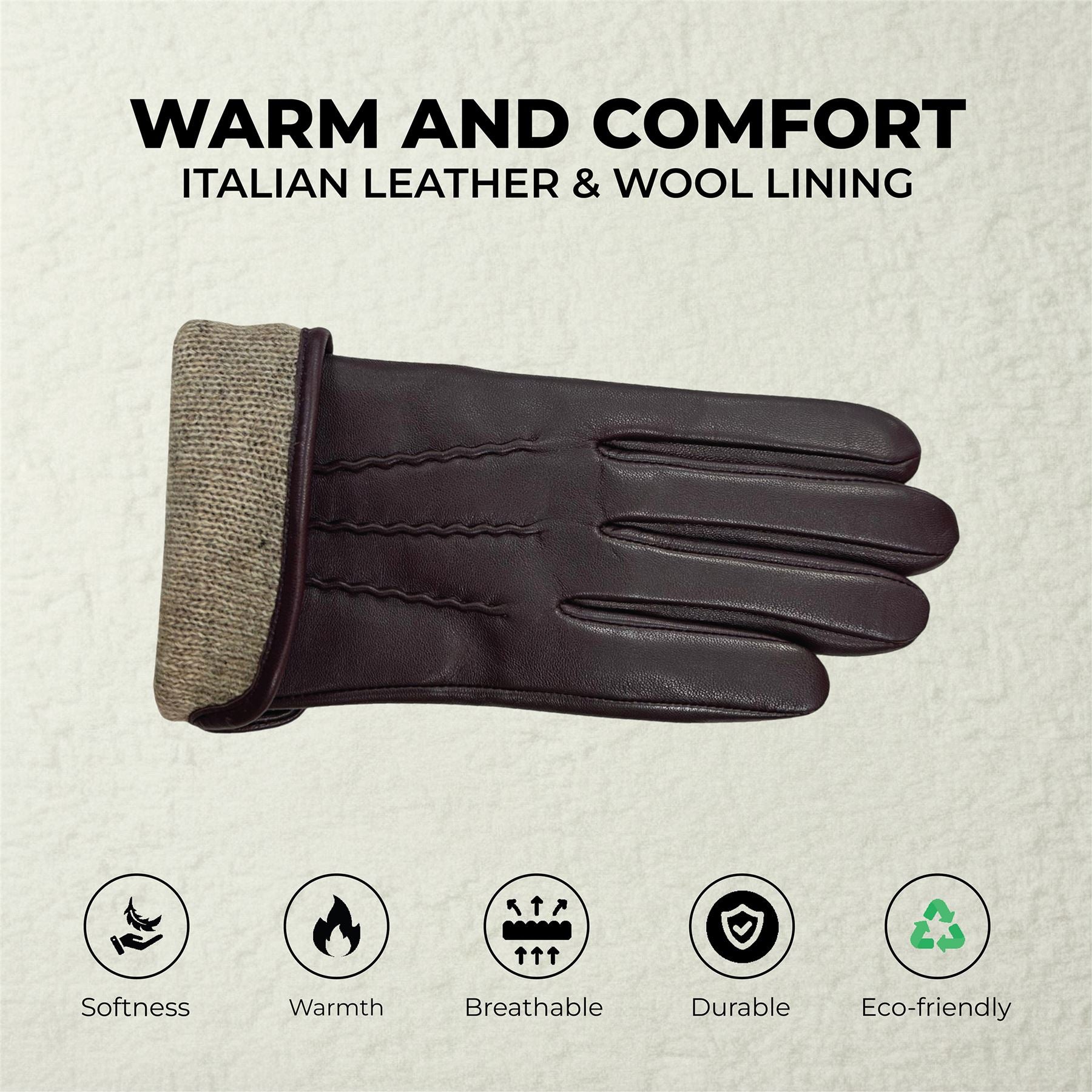 Womens Italian Leather Winter Stitch Line Design Soft Wool Lining Gloves