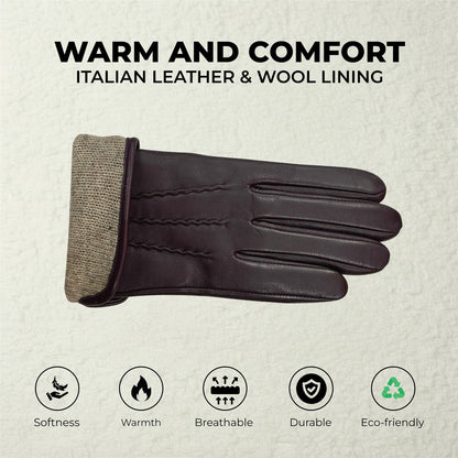 Womens Italian Leather Winter Stitch Line Design Soft Wool Lining Gloves