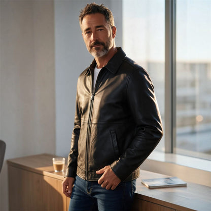 Mens Leather Harrington Collar Biker Jacket - Alpha