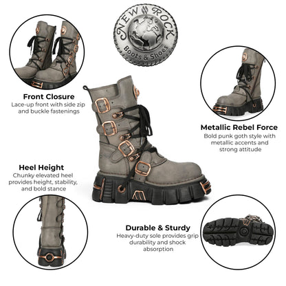 New Rock Grey Brown Leather Gothic Mid-Calf Biker Boots - M-373XL-C119