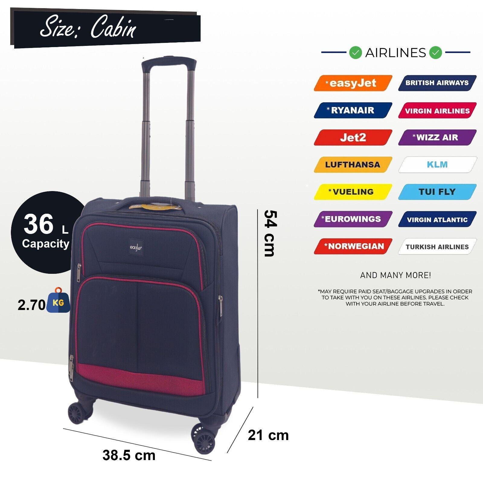 Soft Shell Cabin Suitcase 54 x 38 x 21 cm Lightweight Luggage Suitable for Easyjet, Ryanair