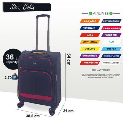 Soft Shell Cabin Suitcase 54 x 38 x 21 cm Lightweight Luggage Suitable for Easyjet, Ryanair