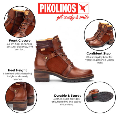 Pikolinos Women’s Cuero Brown Leather Zip &amp; Lace Up Heel Ankle Boots - San Sebastia