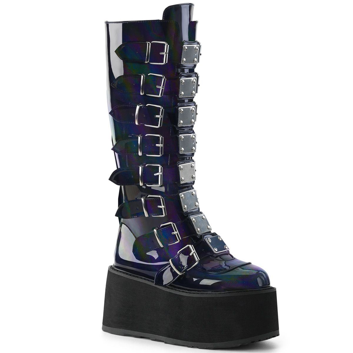 Demonia Damned 318 Black Holographic Knee High Platform Boots