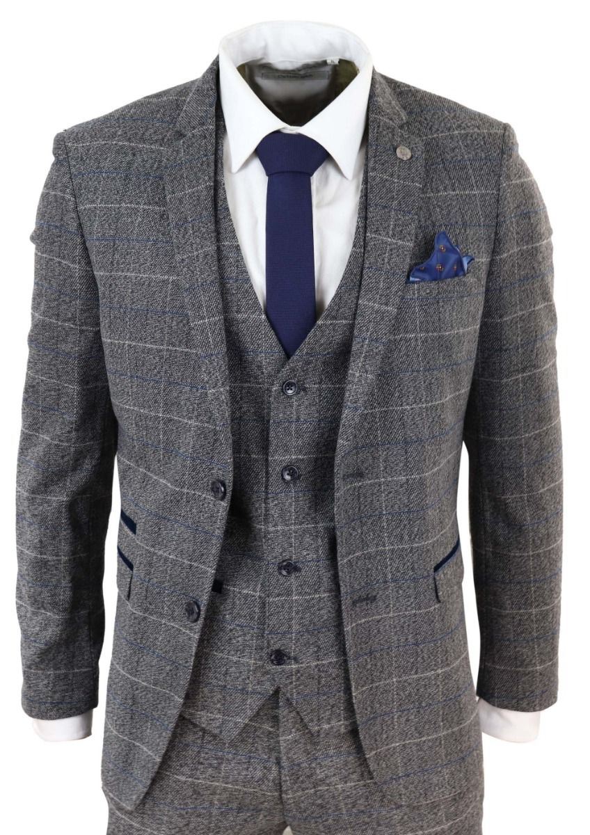 Mens 3 Piece Grey With Blue Check Vintage Classic Suit - Upperclass Fashions 