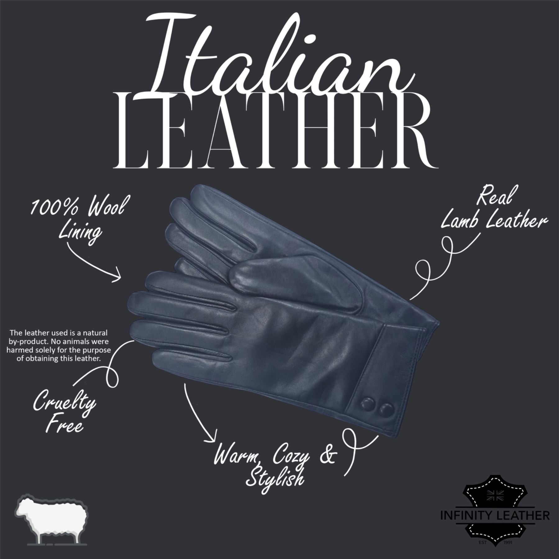 Womens Italian Leather Winter Button Design Soft Wool Lining Gloves - L-GLV-501