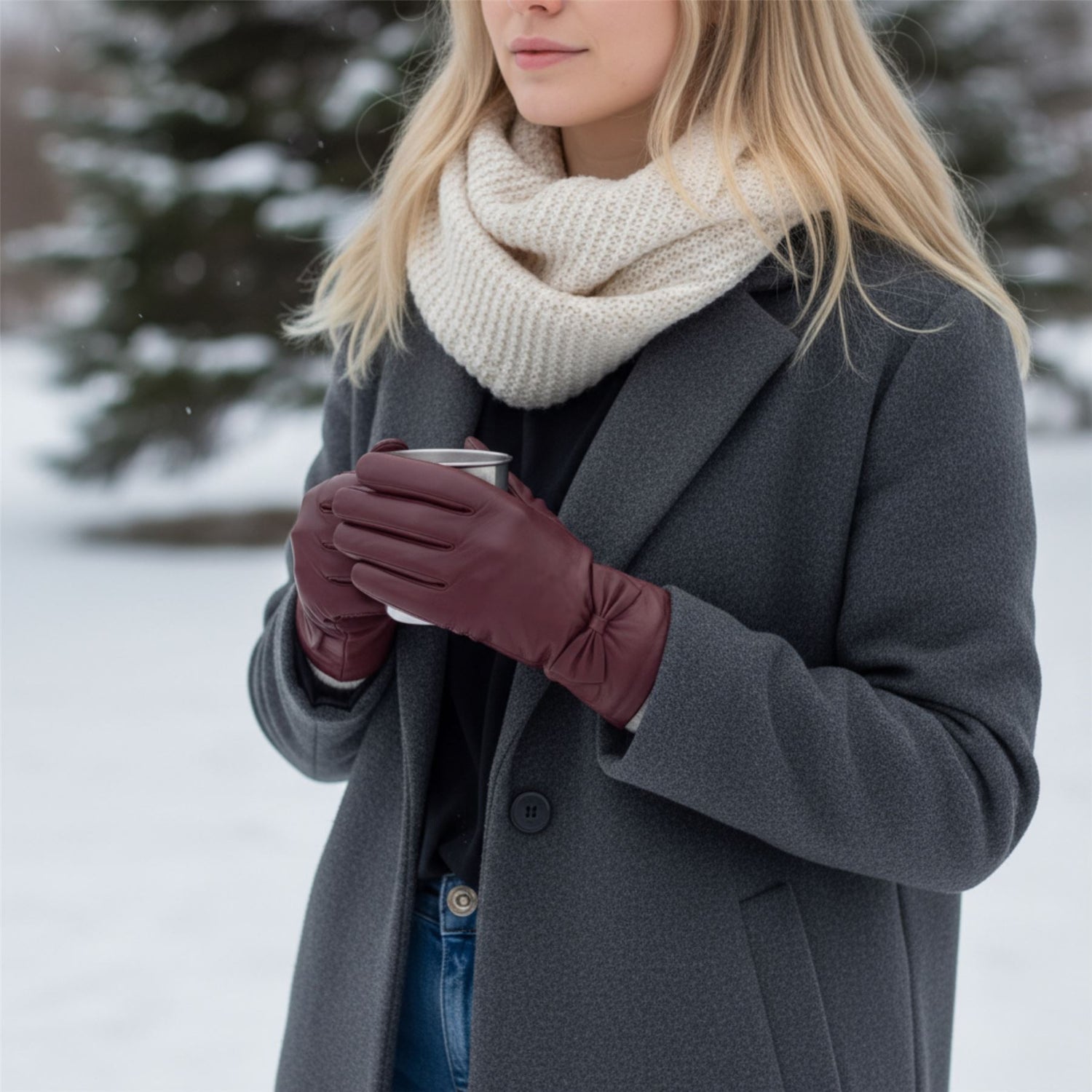 Womens Italian Leather Winter Bow Design Soft Wool Lining Gloves - L-GLV-401