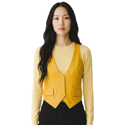Womens Red Leather Waistcoat Biker Vest - MAM-WC
