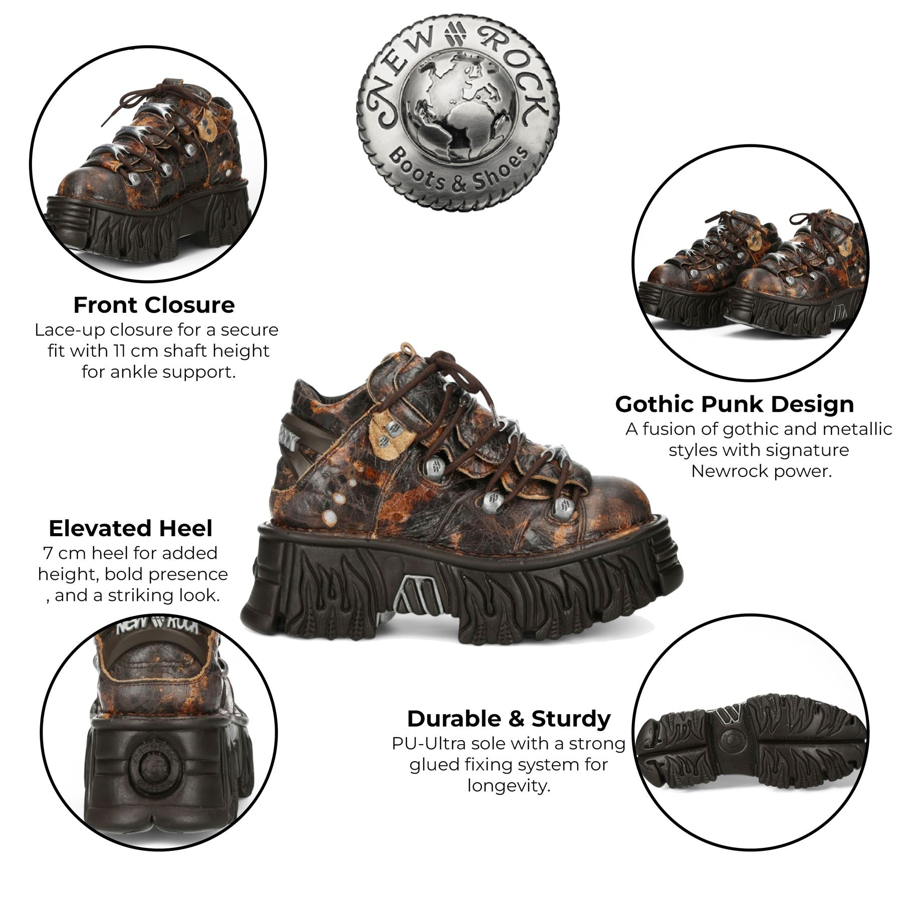 New Rock M-106-C194 Brown Flame Leather Gothic Ankle Platform Boots