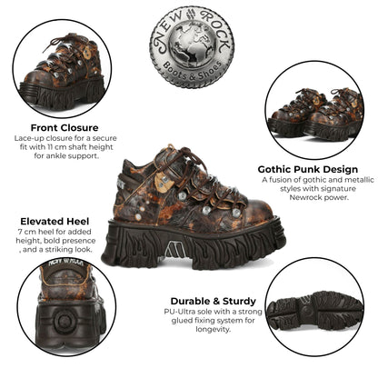 New Rock M-106-C194 Brown Flame Leather Gothic Ankle Platform Boots