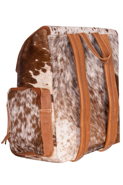 Deluxe Tan Brown Leather Backpack Bag Genuine Cowhide &amp; Cow Fur Travel Rucksack - Upperclass Fashions 
