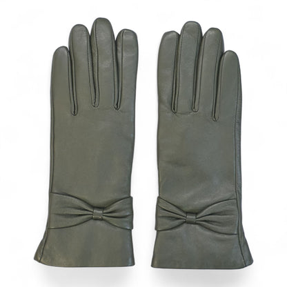 Womens Italian Leather Winter Bow Design Soft Wool Lining Gloves - L-GLV-401