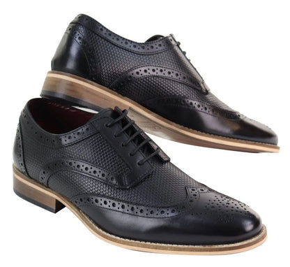 Mens Classic Oxford Brogue Shoes in Patterned Black Leather - Upperclass Fashions 
