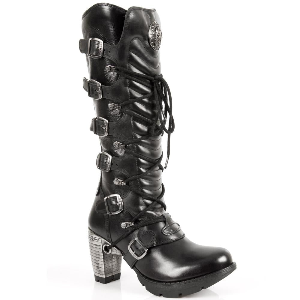 New Rock Ladies Black Buckle Laced Knee-High Boots- TR004-S1