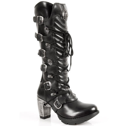 New Rock Ladies Black Buckle Laced Knee-High Boots- TR004-S1