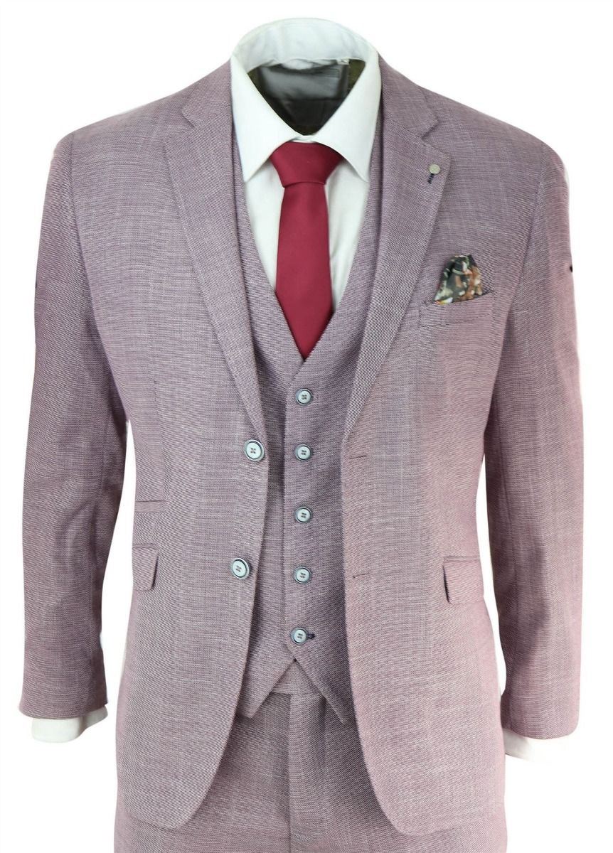 Mens 3 Piece Blush Pink Linen Summer Spring Classic Suit - Upperclass Fashions 