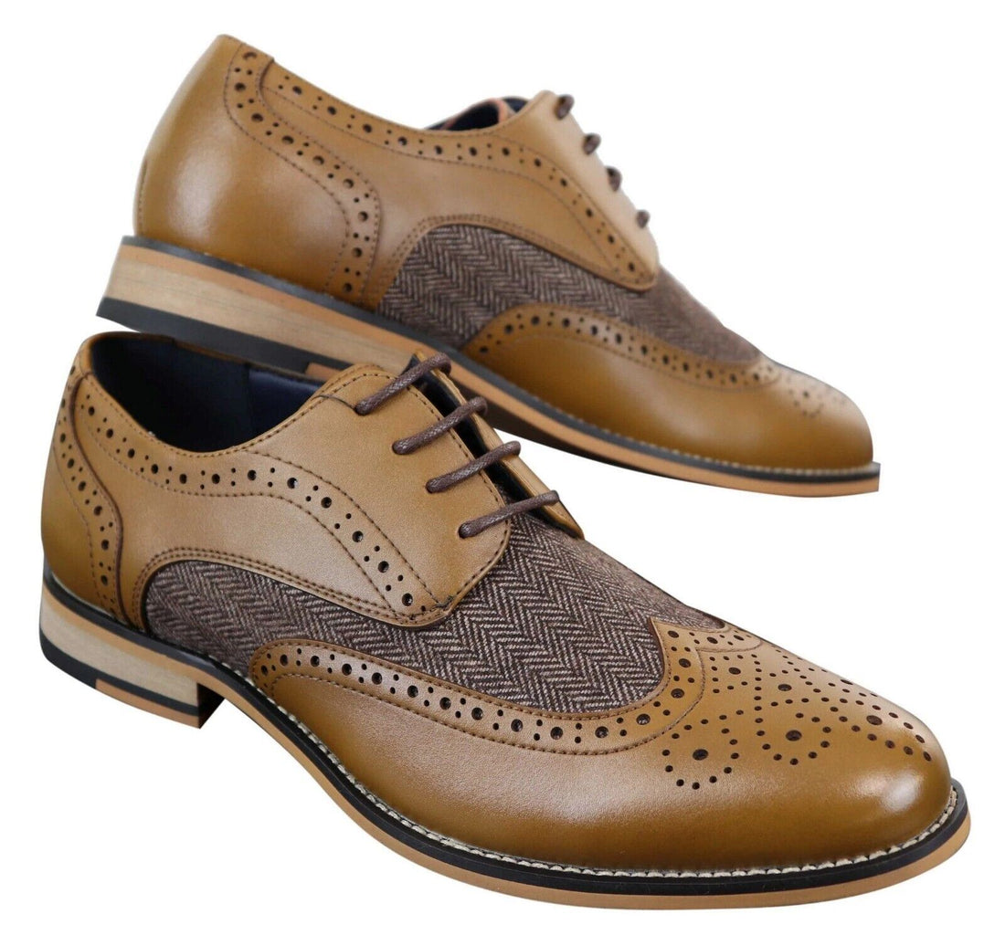 Mens Classic Oxford Tweed Brogue Shoes in Tan Leather - Upperclass Fashions 