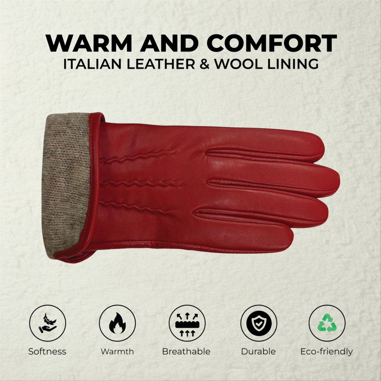 Womens Italian Leather Winter Stitch Line Design Soft Wool Lining Gloves