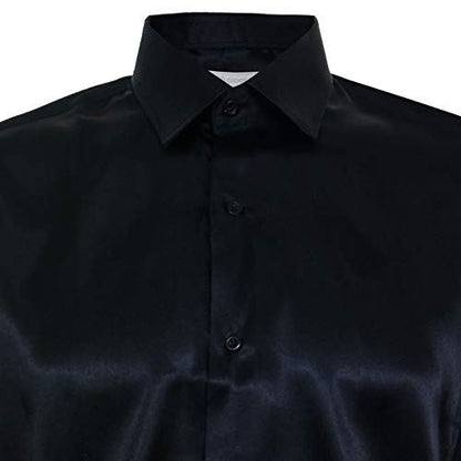 Mens Navy Satin Silk Shirt Smart Casual Button Down Cuff TailoNavy Fit