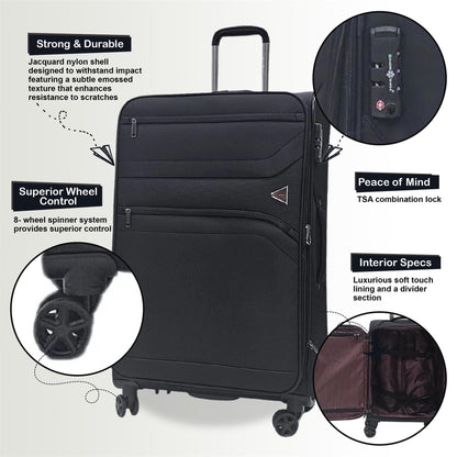 Clayton Set of 3 Soft Shell Suitcase in Black