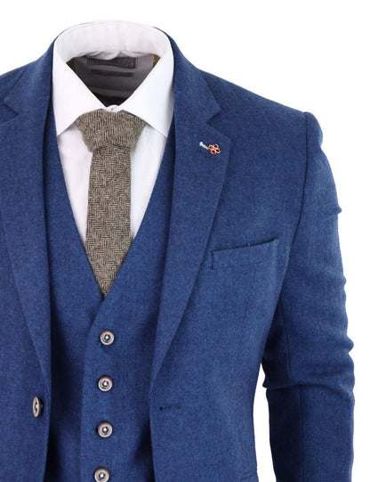 Mens 3 Piece Blue Tweed Wool Twill Vintage Classic Suit - Upperclass Fashions 