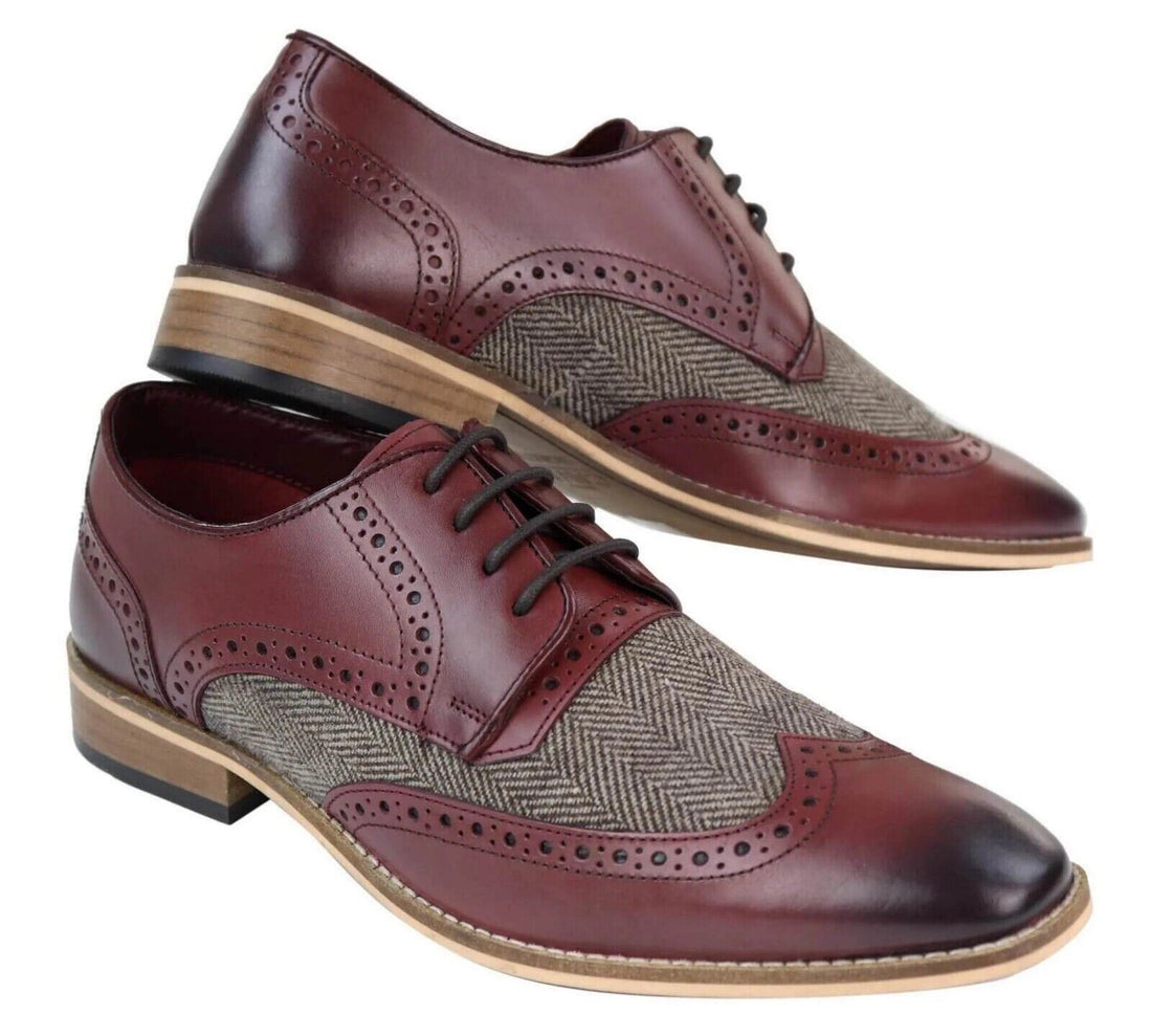Mens Classic Oxford Tweed Brogue Derby Shoes in Burgundy Leather