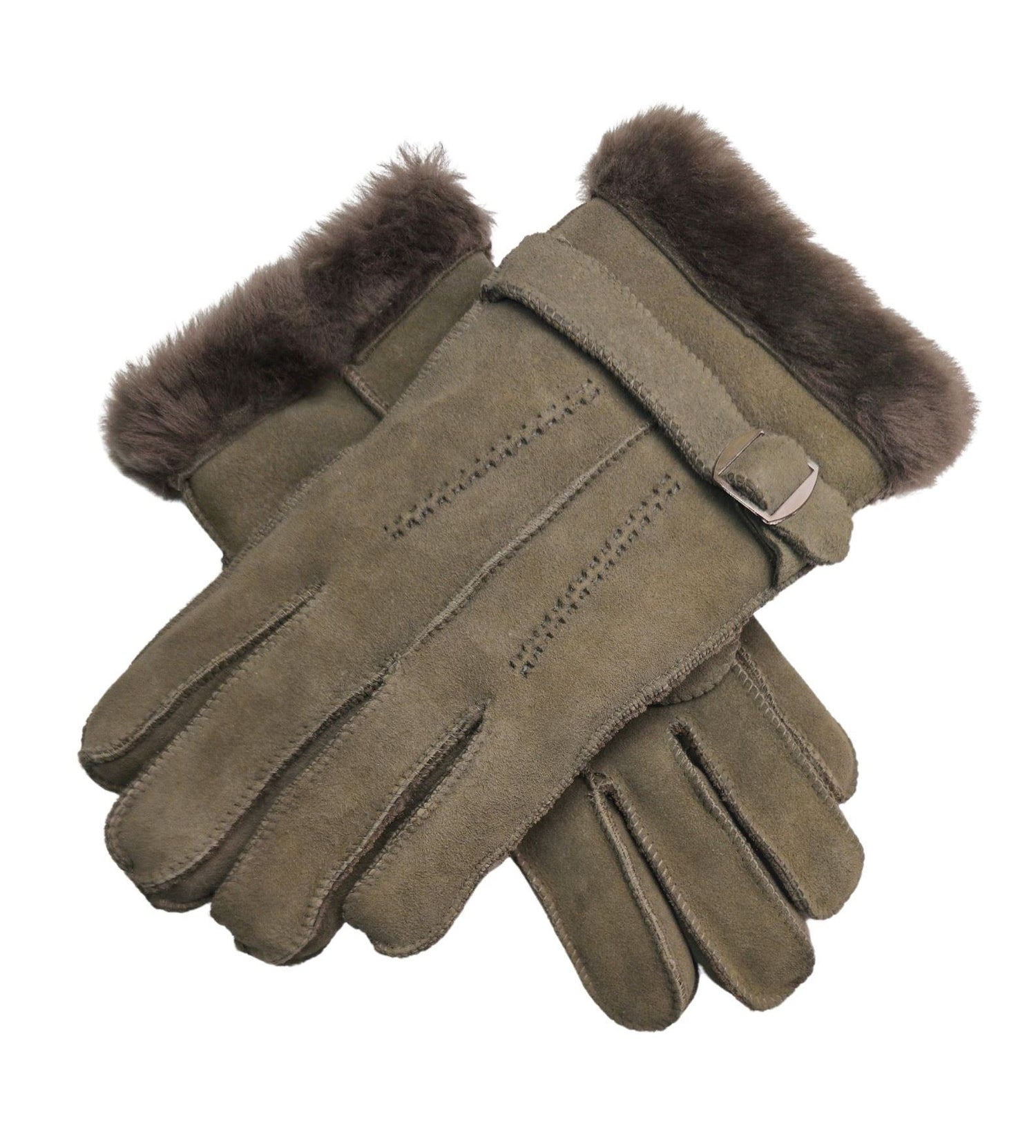 Mens Grey Luxury Sheepskin Suede Leather Gloves With Buckle