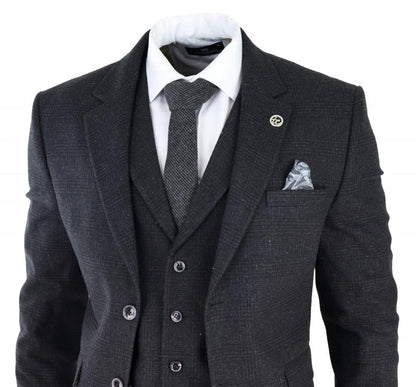Mens Black 3 Piece Tweed Suit Peaky Blinders 1920s Gatsby Classic Tailored Fit - Upperclass Fashions 