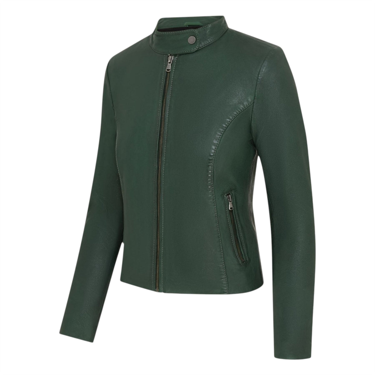 Womens Leather Stand Collar Racer Biker Jacket - 181