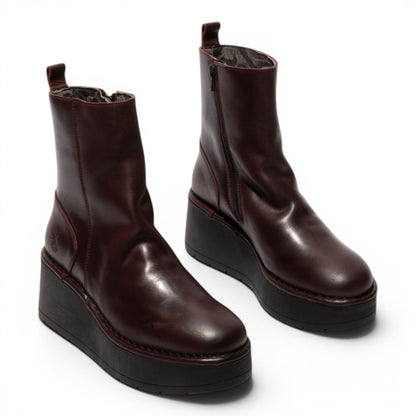 Fly London Women’s Wine Leather Wedge Heel Platform Ankle Boots - HEIJ272