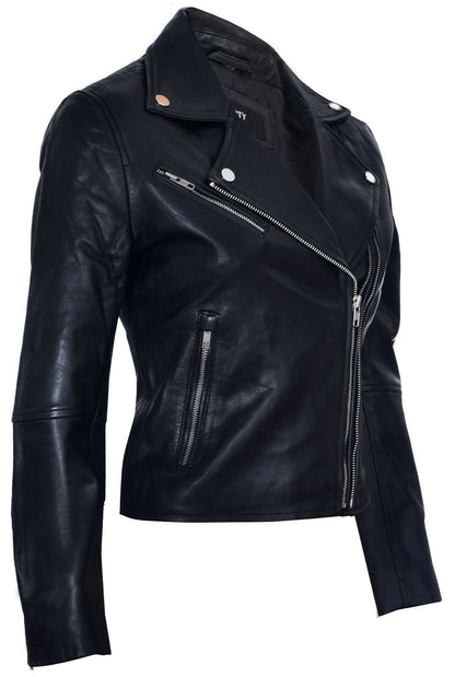 Womens Red Leather Retro Biker Jacket-Madeley