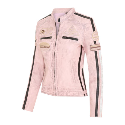 Womens Biker Racing Badges Leather Jacket-Eastleigh