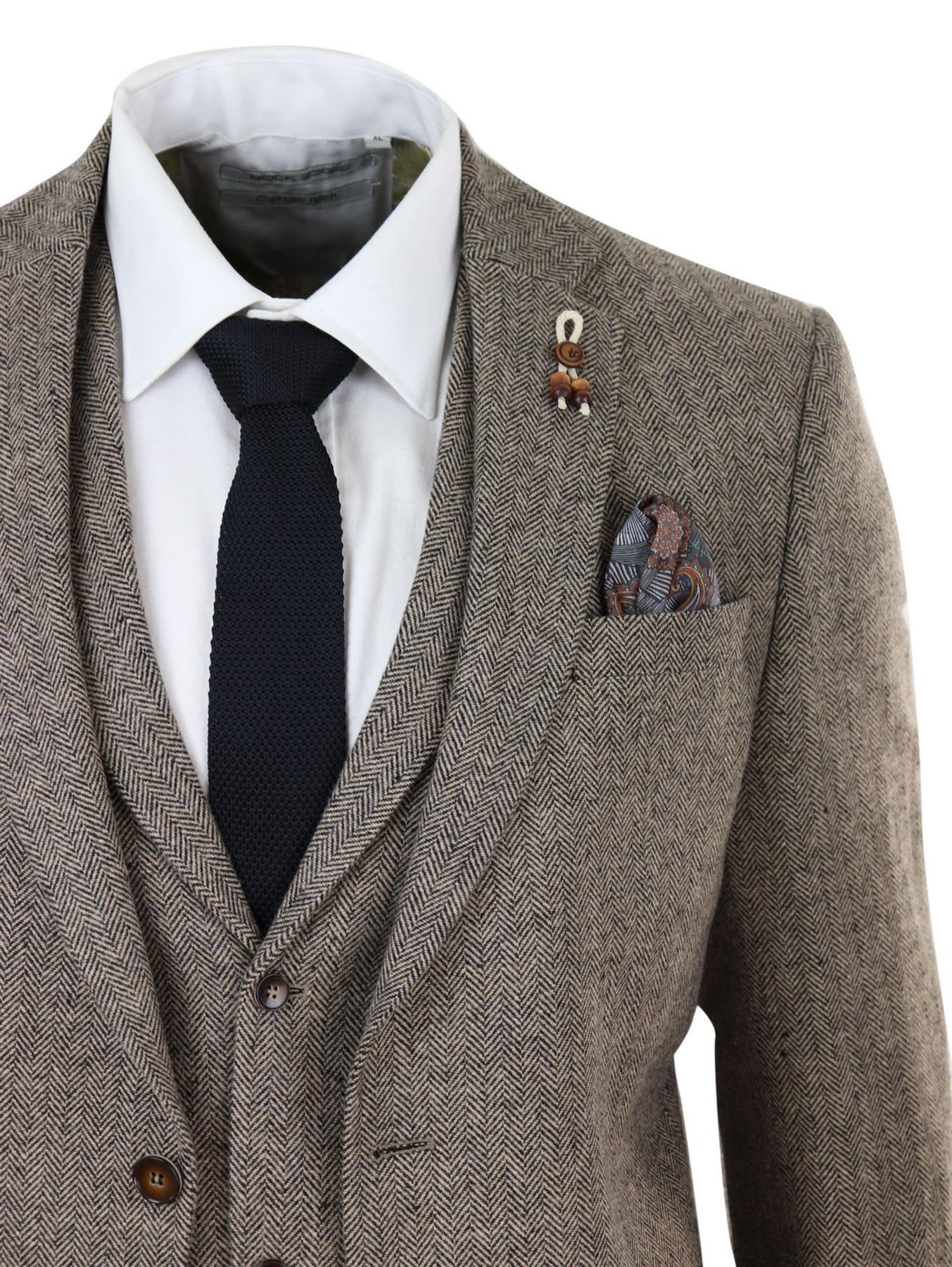 TruClothing Men's Grey Herringbone Tweed 3-Piece Suit – Vintage Retro Peaky Blinders Style