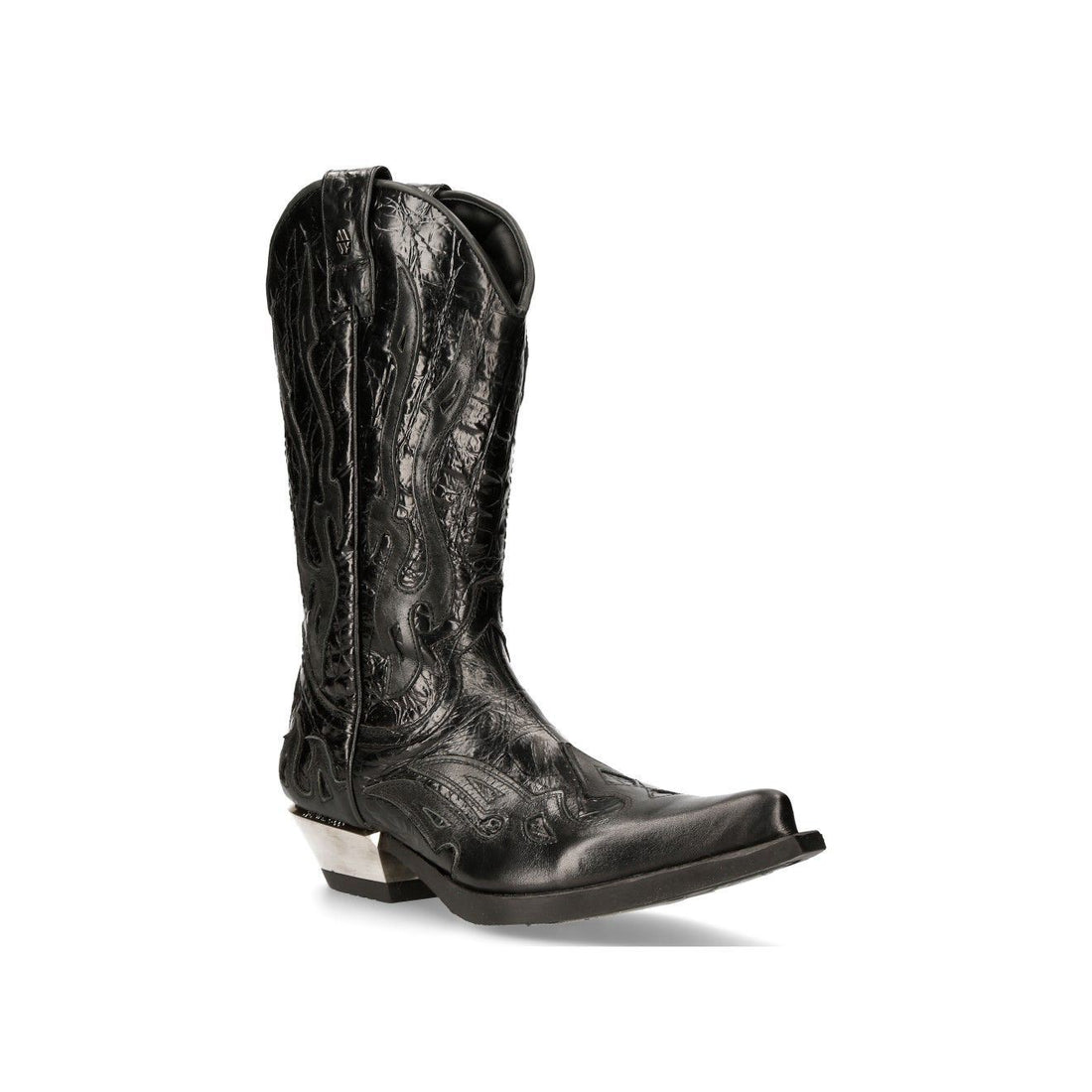New Rock Flame Accented Black Leather Biker Cowboy Boots- M-7921-S1 - Upperclass Fashions 