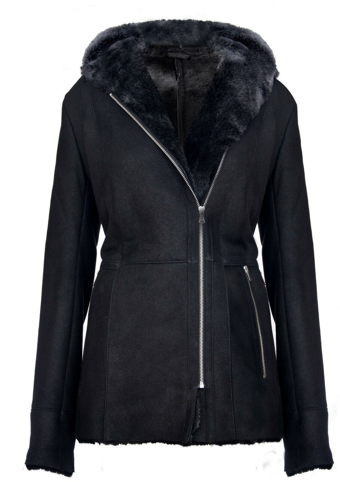 Womens Hooded Black Merino Sheepskin Jacket-Rothwell