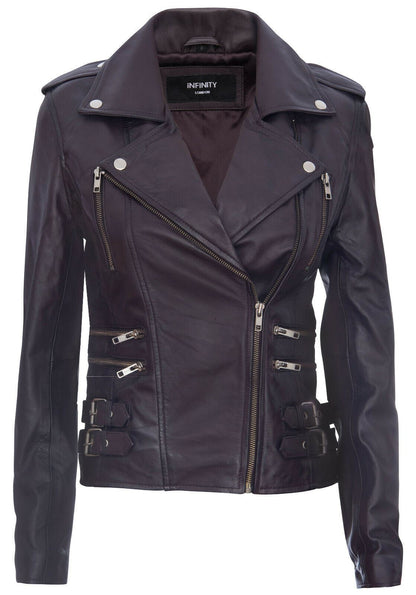 Womens Leather Brando Biker Jacket-Loddon