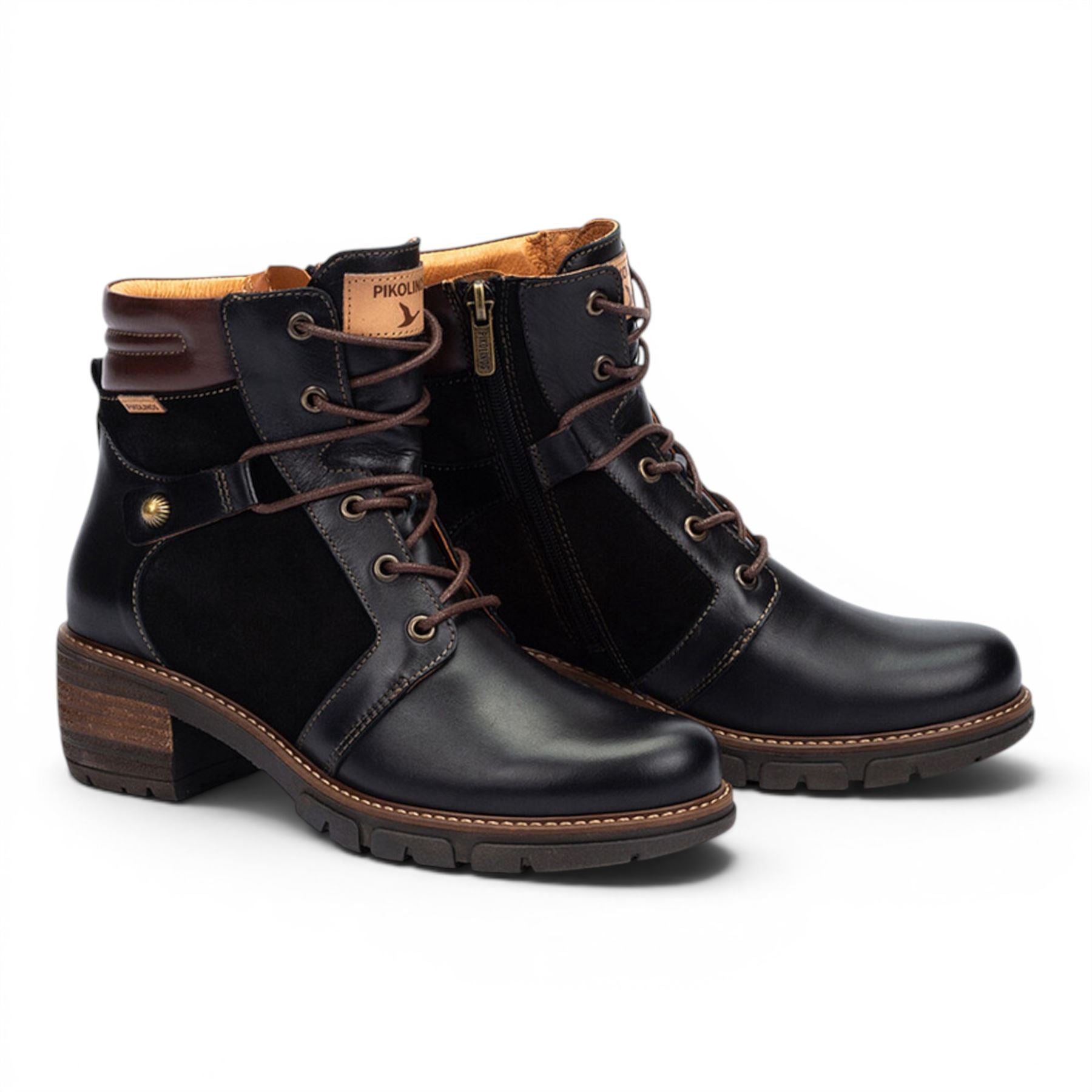 Pikolinos Women’s Black Leather Zip &amp; Lace Up Heel Ankle Boots - San Sebastia