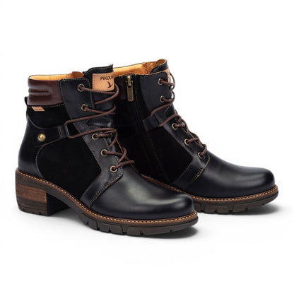 Pikolinos Women’s Black Leather Zip &amp; Lace Up Heel Ankle Boots - San Sebastia