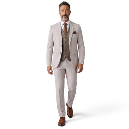 Mens Stone Suit with Harris Brown Tweed Waistcoat Wedding Suit - Mayfair