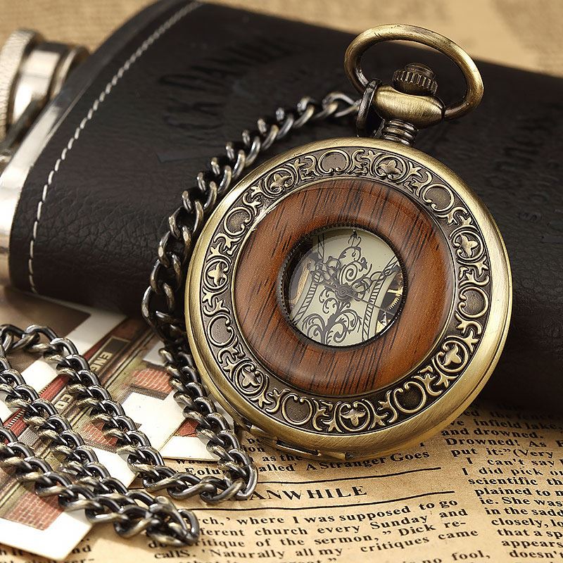 Vintage Bronze Wooden Skeleton Half Hunter Alloy Pocket Watch