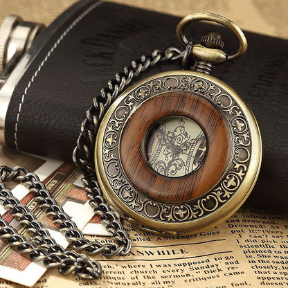 Vintage Bronze Wooden Skeleton Half Hunter Alloy Pocket Watch
