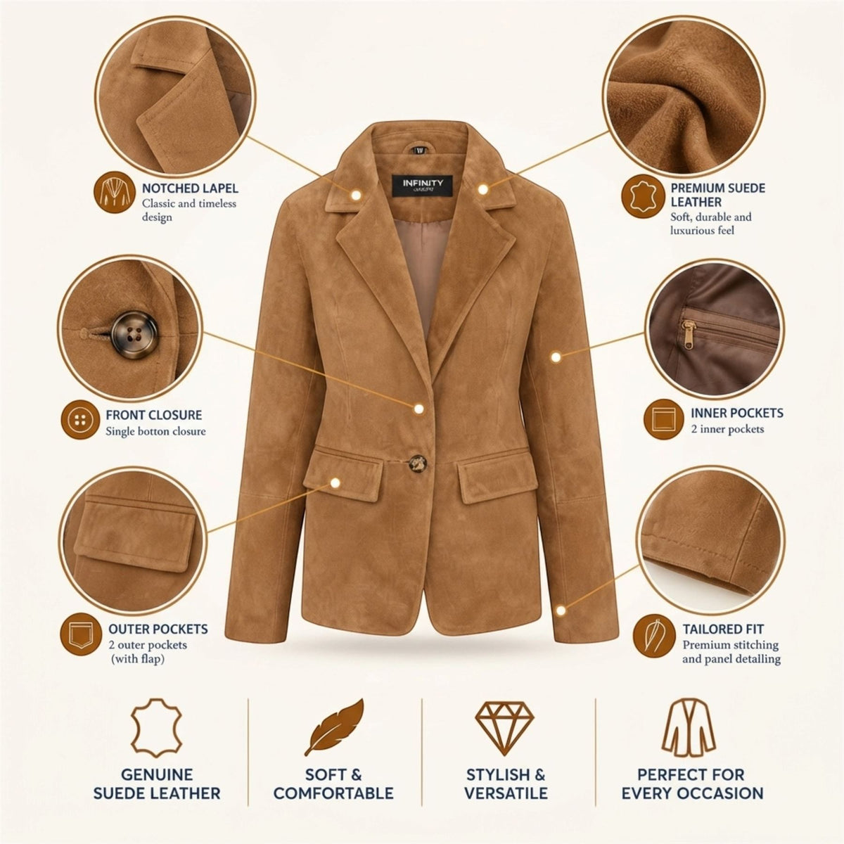 Womens Soft Goat Suede Leather Blazer Jacket-Kolkata