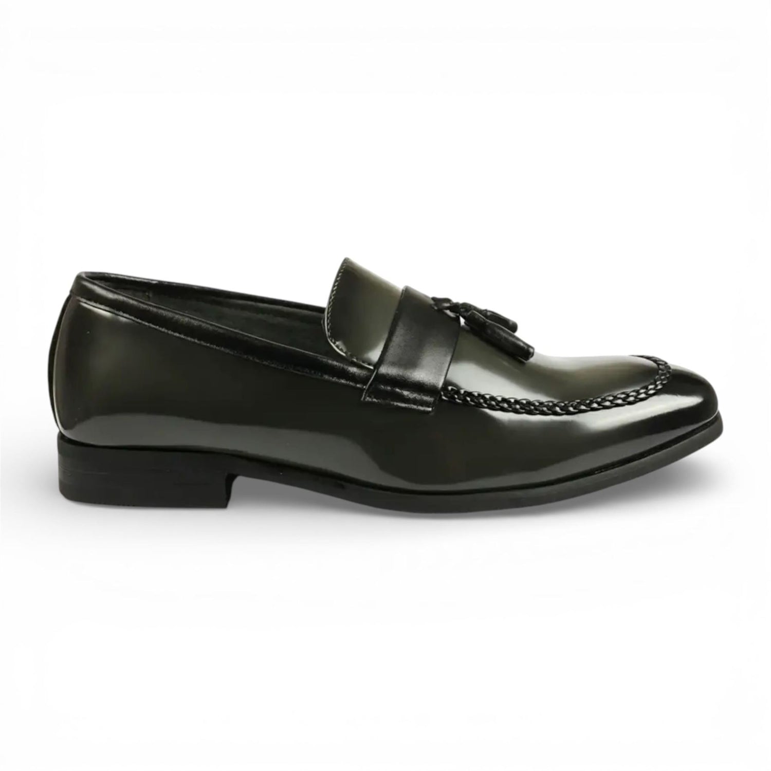 Mens Olive Tassel High-Gloss Patent Faux Leather Formal Loafers Shoes