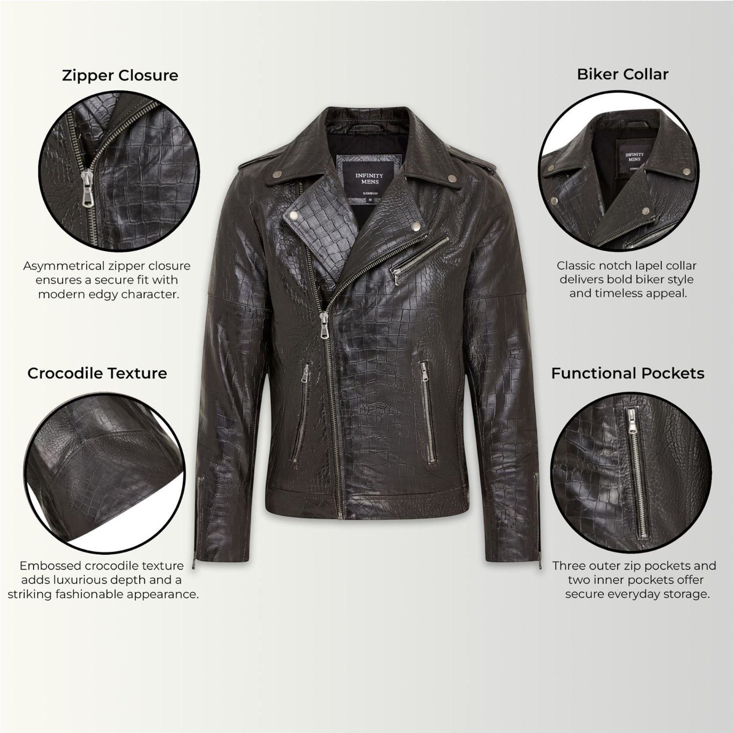Mens Cow Leather Alligator Print Embossed Biker Jacket - Rot
