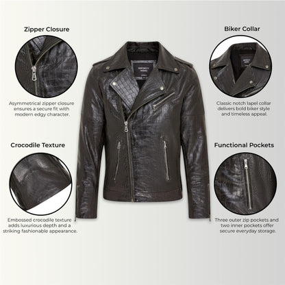Mens Cow Leather Alligator Print Embossed Biker Jacket - Rot