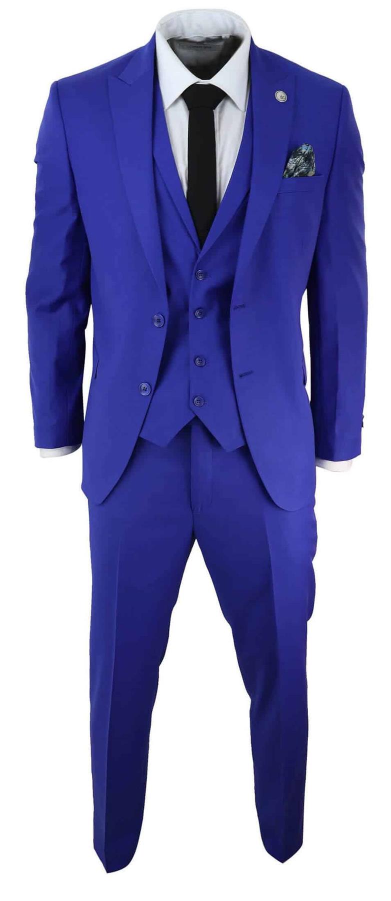 Mens 3 Piece Royal Blue Tailored Fit Complete Suit Best Man Groom Prom Wedding - Upperclass Fashions 