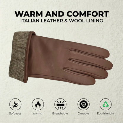 Womens Italian Leather Winter Bow Design Soft Wool Lining Gloves - L-GLV-401